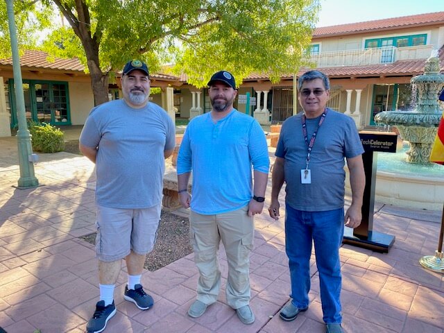 (left to right) Harrylouis Rodriguez President of VLF & Army Vet, Joshua Dickey Guest speaker Combat Vet and Poet, and Harry Rodriguez Marine Veteran and Coffee for Vets MC.